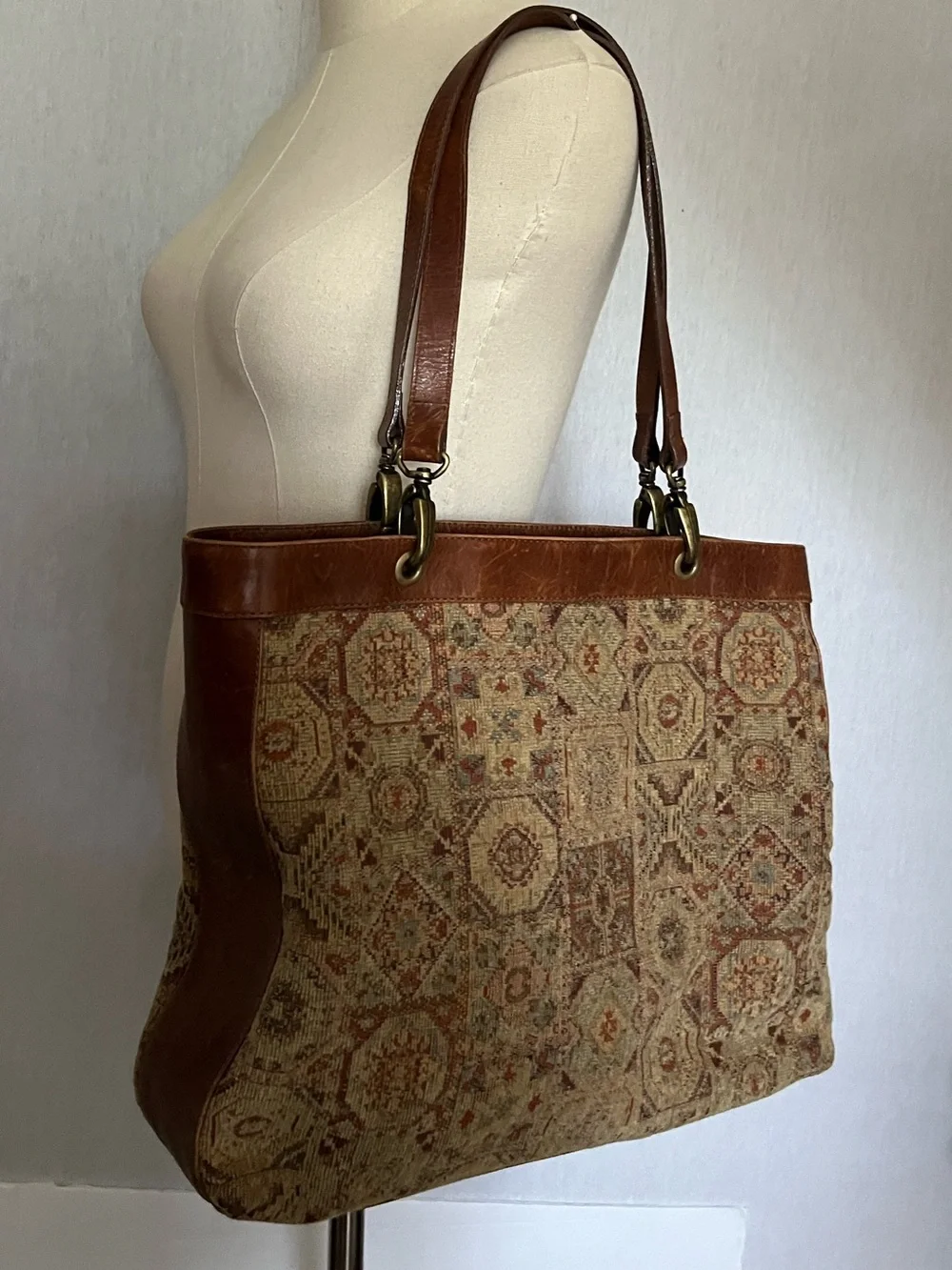 J. Jill Tapestry Genuine Leather Double Handle Tote Bag Bohemian Book Carpet Bag